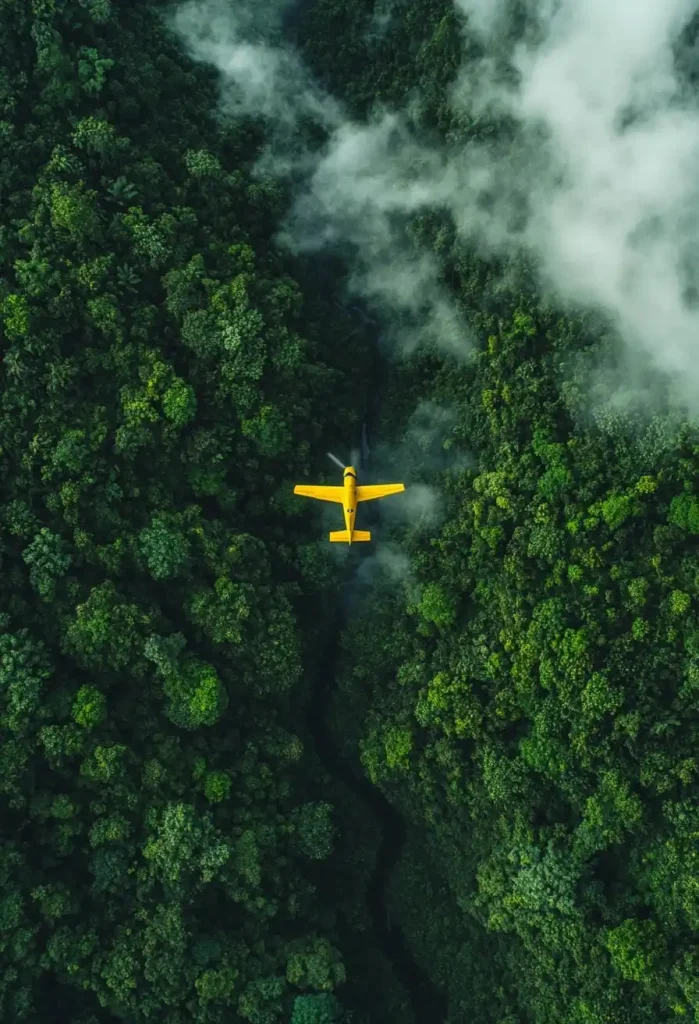 Aerial View of Airplane Over Forest