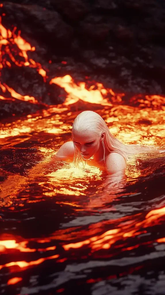 Albino Woman Swimming in Lava