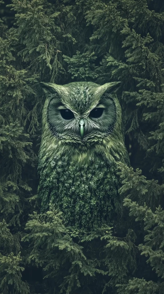 Camouflaged Green Owl Photography