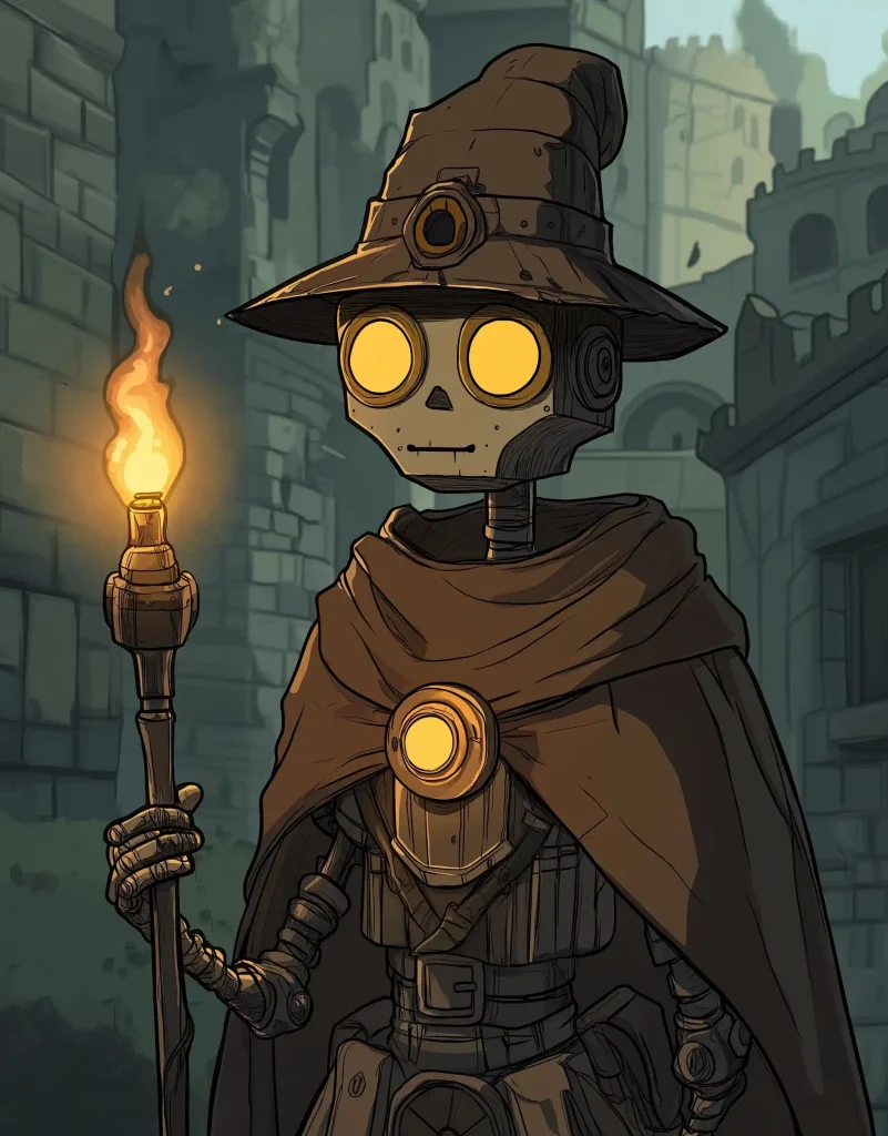 Cartoon Warforged Wizard in Dungeon