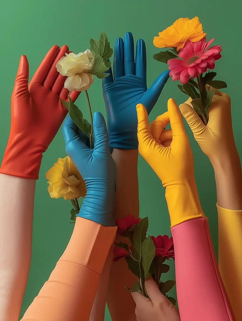 Colorful Gloved Hands with Flowers