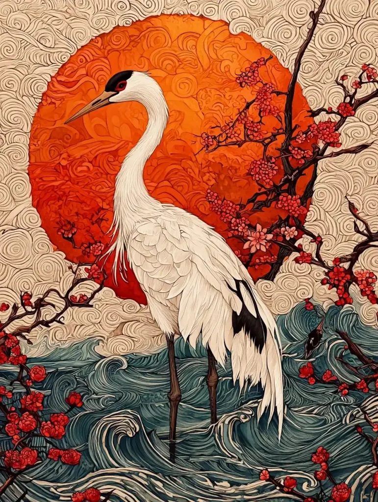 Crane and Blossoms in Watercolor