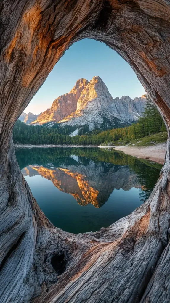 Dolomites Lake Through Trunk