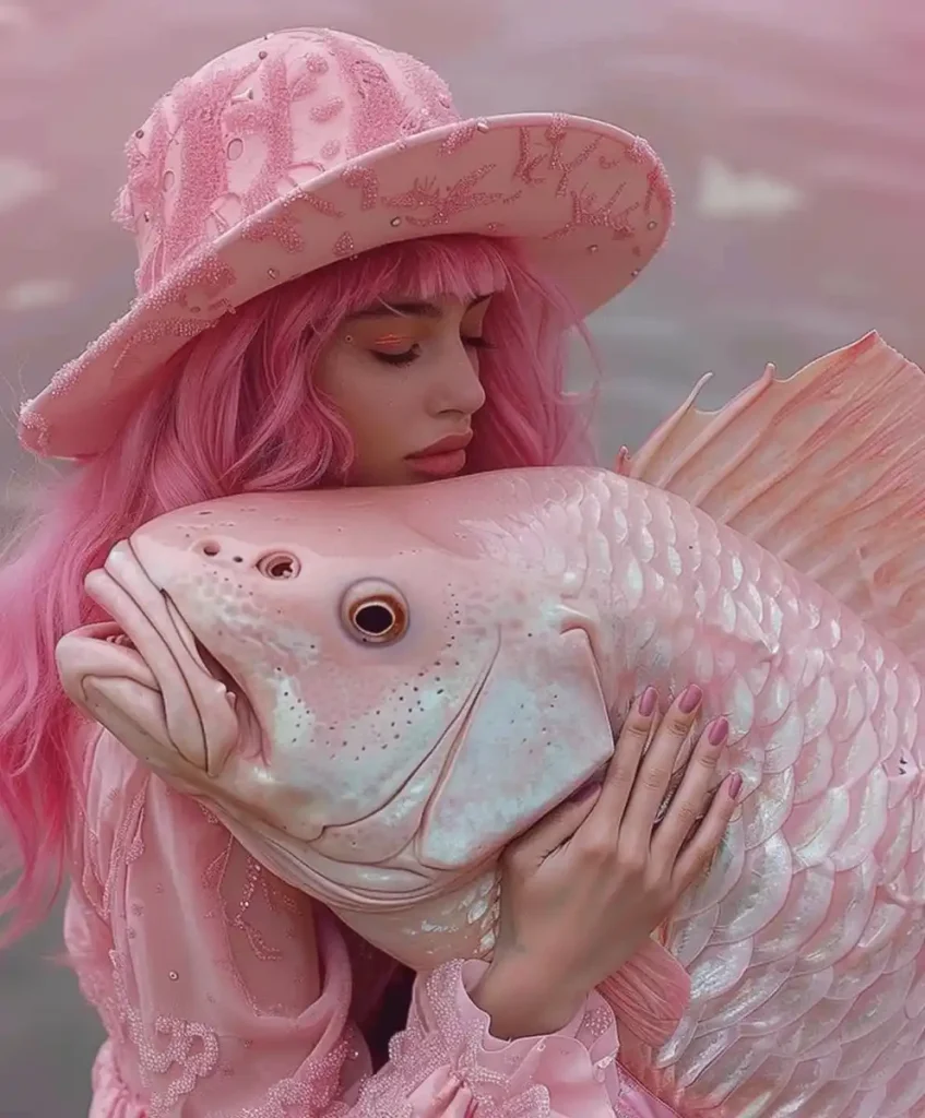 Fashionable Pink-Haired Model with Fish