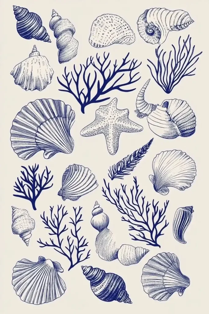 Hand-Drawn Seashells and Corals