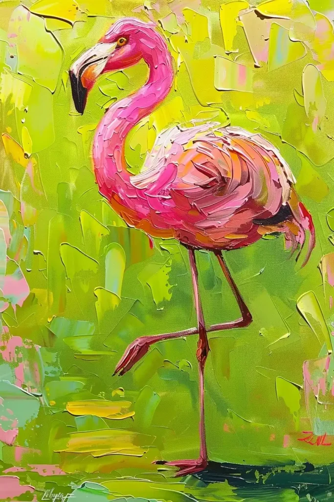 Impressionist Flamingo in Green