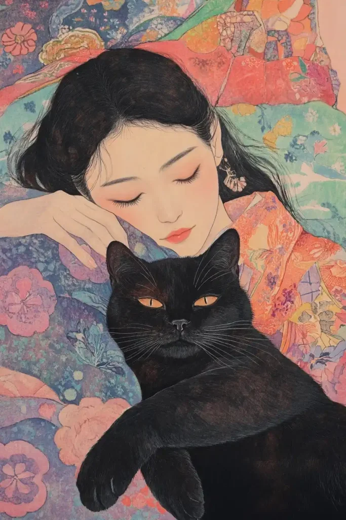 Japanese Woodblock Cat and Woman