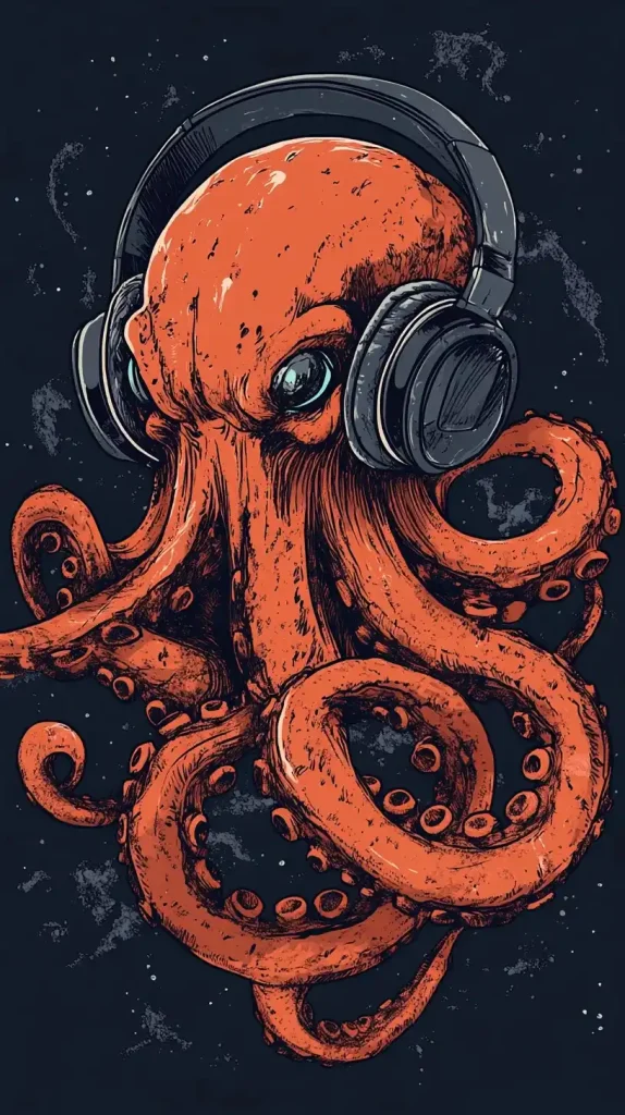 Kraken with Headphones Illustration