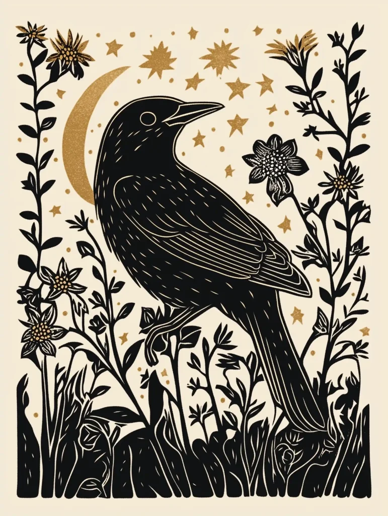 Linocut Blackbird with Flora