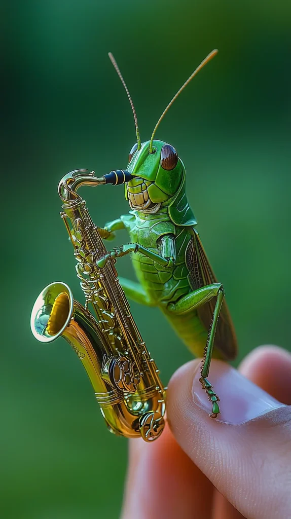 Macro Grasshopper with Saxophone