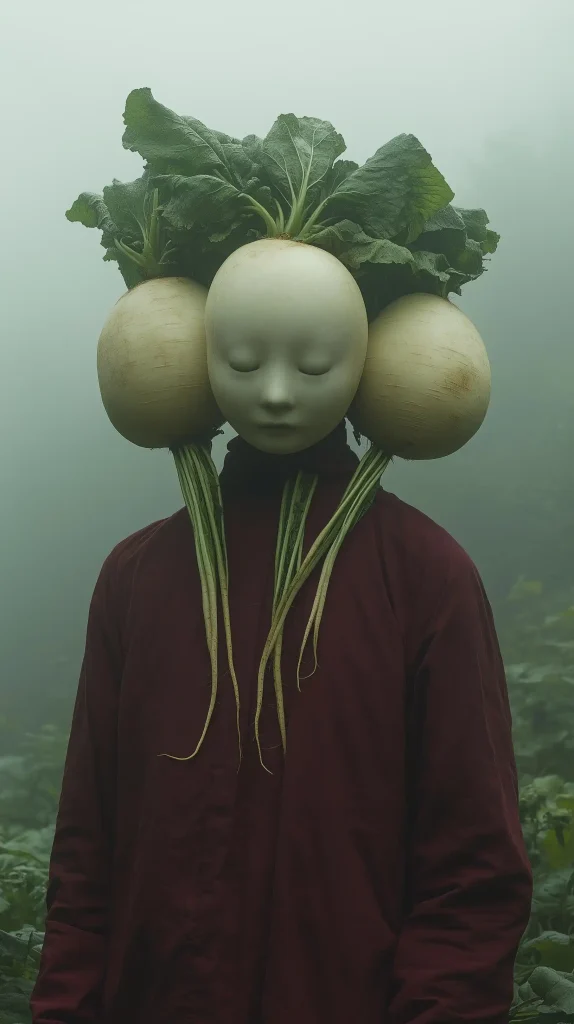 Surreal Radish Gods in Fog