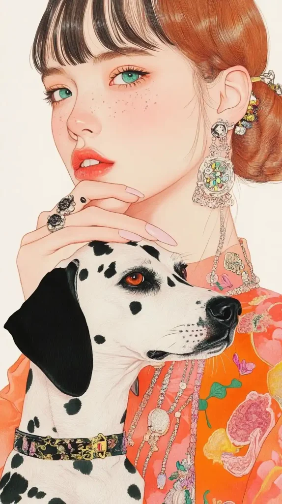 Vintage Pencil Drawing Woman with Dalmatian