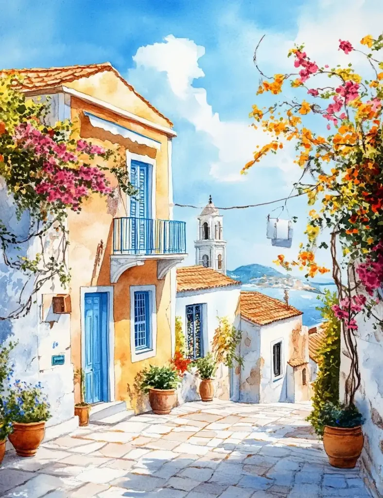 Watercolor Cyprus Architecture