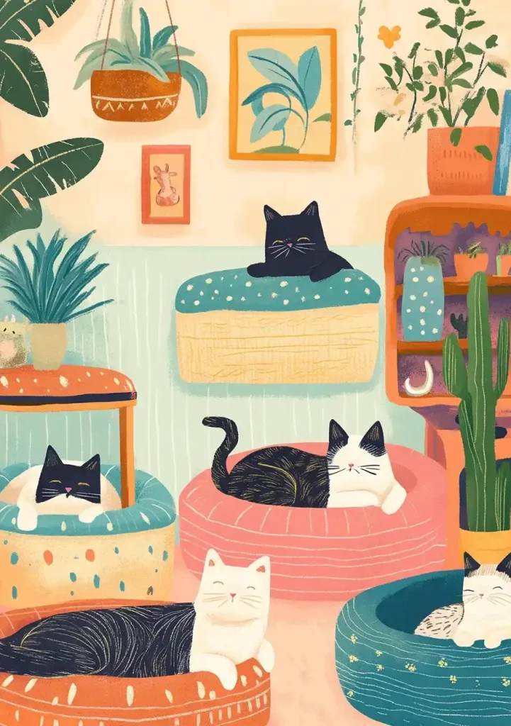 Whimsical Cats in Beds